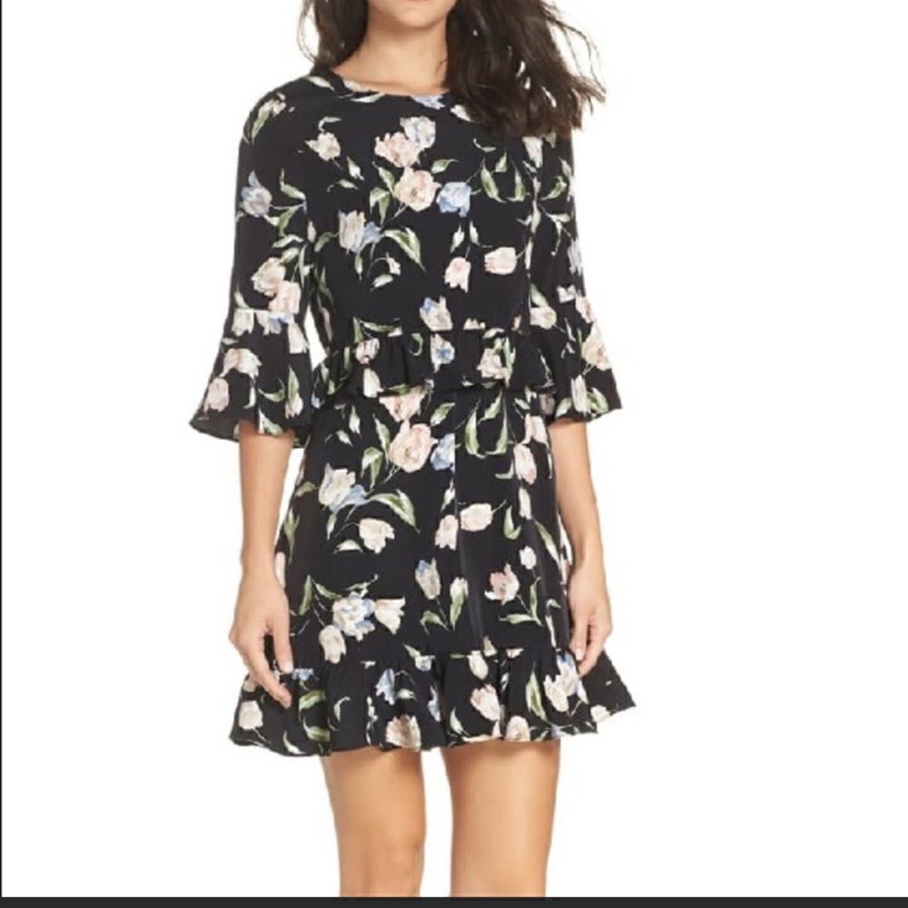 Black Floral Bell-Sleeve Peplum Dress - Women